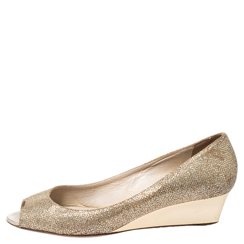 

Jimmy Choo Gold Glitter Fabric Bergen Peep Toe Wedges Size