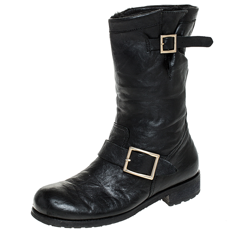 مملوكة مسبقًا Jimmy Choo Black Leather Youth Biker Mid Calf Boots Size 38