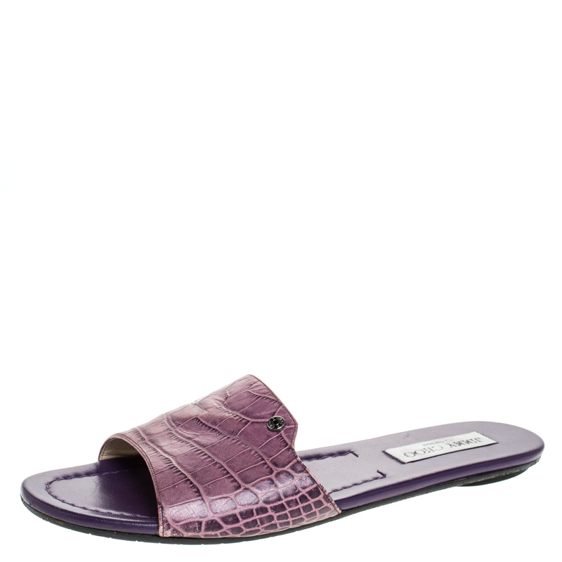 مملوكة مسبقًا Jimmy Choo Purple Croc Embossed Leather Nanda Flat Slides Size 40