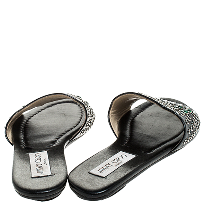 Pre-owned Jimmy Choo Black Patent Leather Studded Flat Slides Size 37