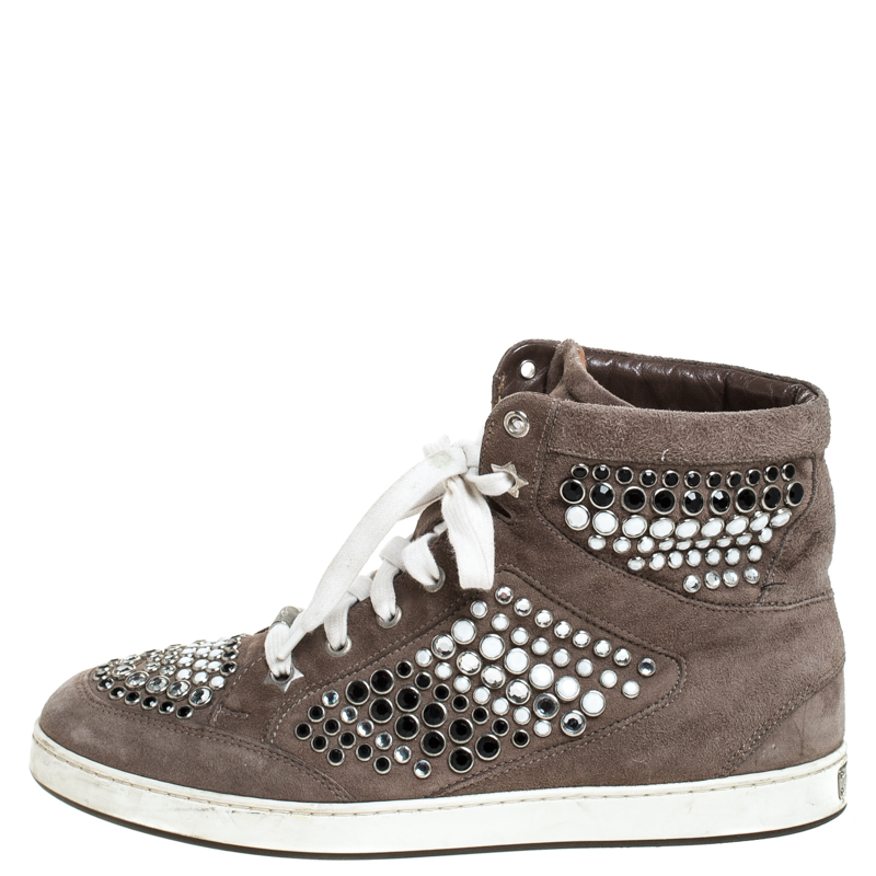 

Jimmy Choo Grey Suede Crystal Studded Tokyo High-Top Sneakers Size