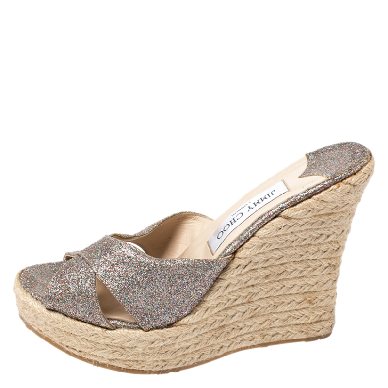 

Jimmy Choo Multicolor Glitter Phyllis Cross Strap Espadrille Wedges Sandals Size