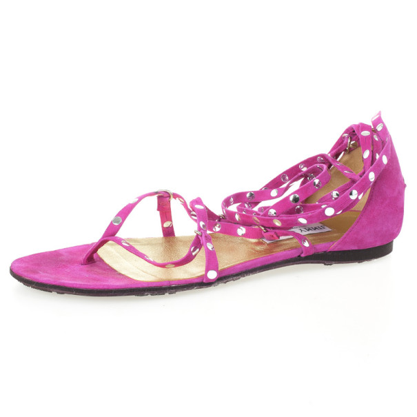 Pre Owned Jimmy Choo Pink Suede Strappy Studded Flat Sandals Size 39