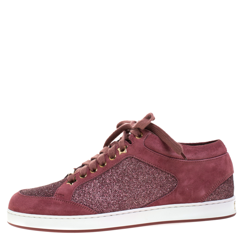 

Jimmy Choo Pink Glitter And Suede Miami Lace Up Sneakers Size