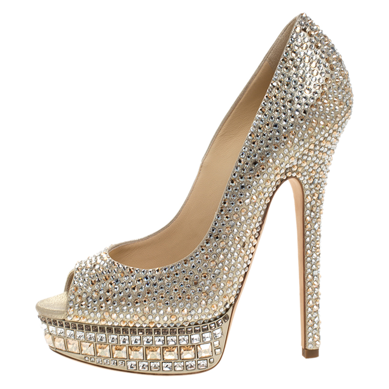 

Jimmy Choo Crystal Embellished Leather Kendall Platform Pumps Size, Gold