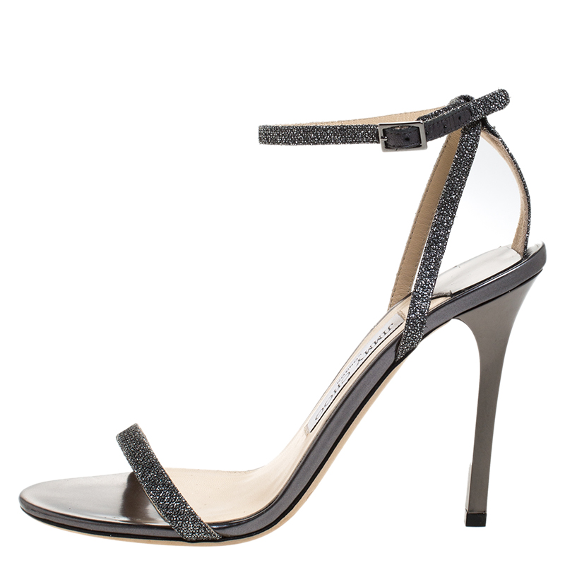 

Jimmy Choo Metallic Grey Lam÷ Fabric Minny Ankle Strap Open Toe Sandals Size