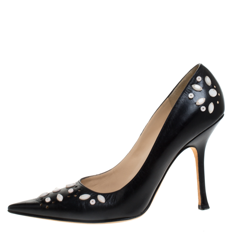 

Jimmy Choo Black Embellished Leather Perforated Toe Pumps Size