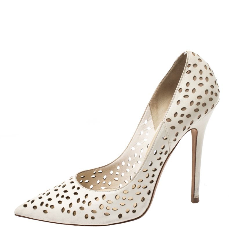 

Jimmy Choo White Perforated Leather Anouk Pointed Toe Pumps Size