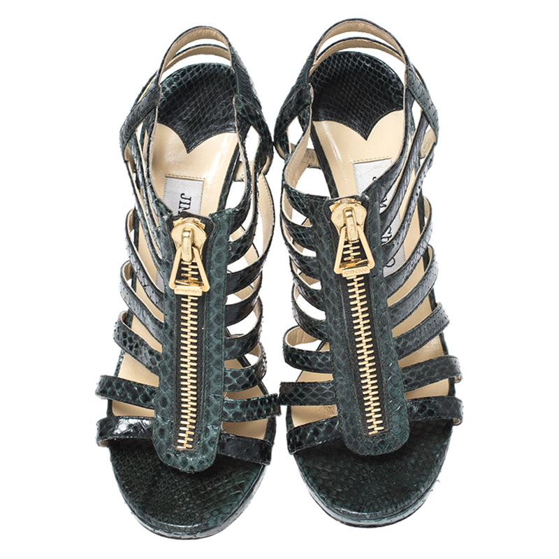 Pre-owned Jimmy Choo Green/black Python Glenys Gladiator Platform Sandals Size 37.5