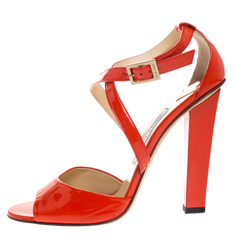

Jimmy Choo Orange Patent Leather Cross Strap Block Heel Sandals Size