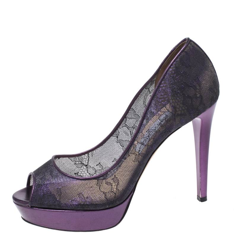 

Jimmy Choo Purple Lace Luna Peep Toe Platform Pumps Size