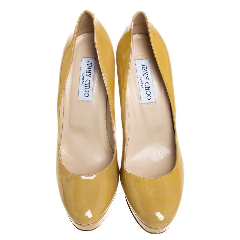Pre-owned Jimmy Choo Light Mustard Patent Leather Cosmic Platform Pumps Size 40 In Yellow
