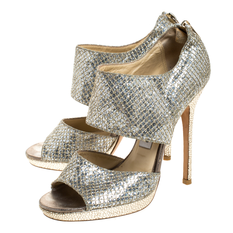 Pre-owned Jimmy Choo Silver Glitter Private Platform Sandals Size 37 In Gold