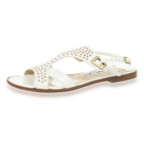 Jimmy Choo White Leather Flower Flat Sandals Size 37