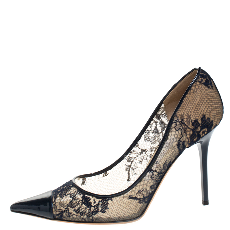 

Jimmy Choo Blue Lace and Patent Leather Amika Cap Toe Pointed Pumps Size