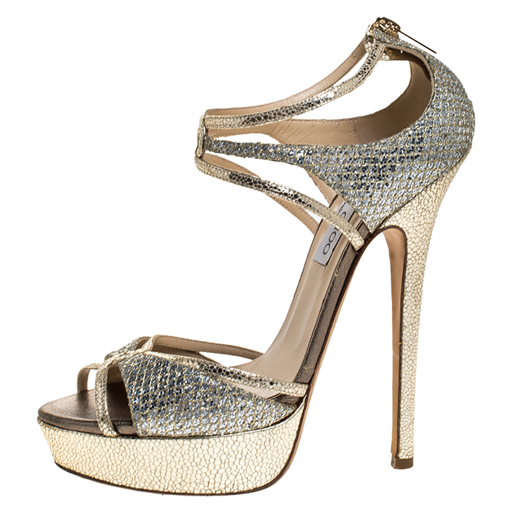 

Jimmy Choo Gold Glitter Leather Platform Ankle Strap Sandals Size