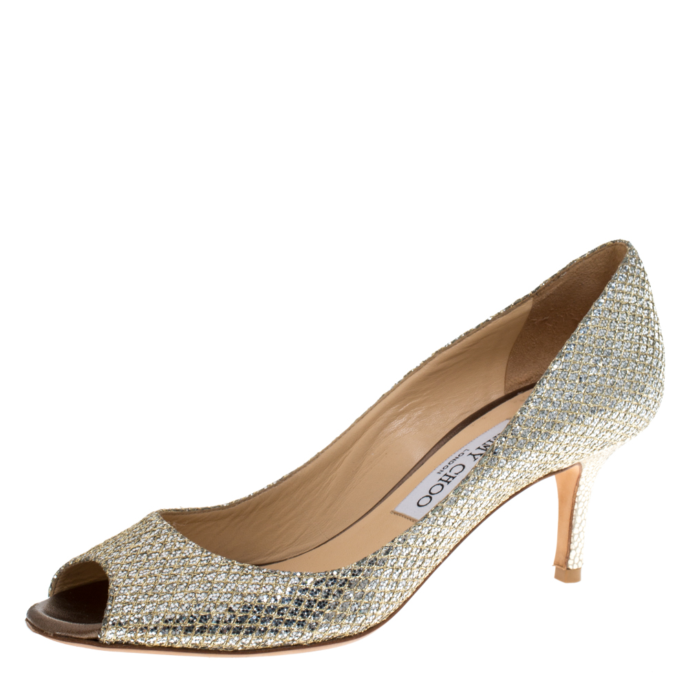 Pre-owned Jimmy Choo Metallic Champagne Glitter Fabric Isabel Peep Toe Pumps Size 36.5 In Gold
