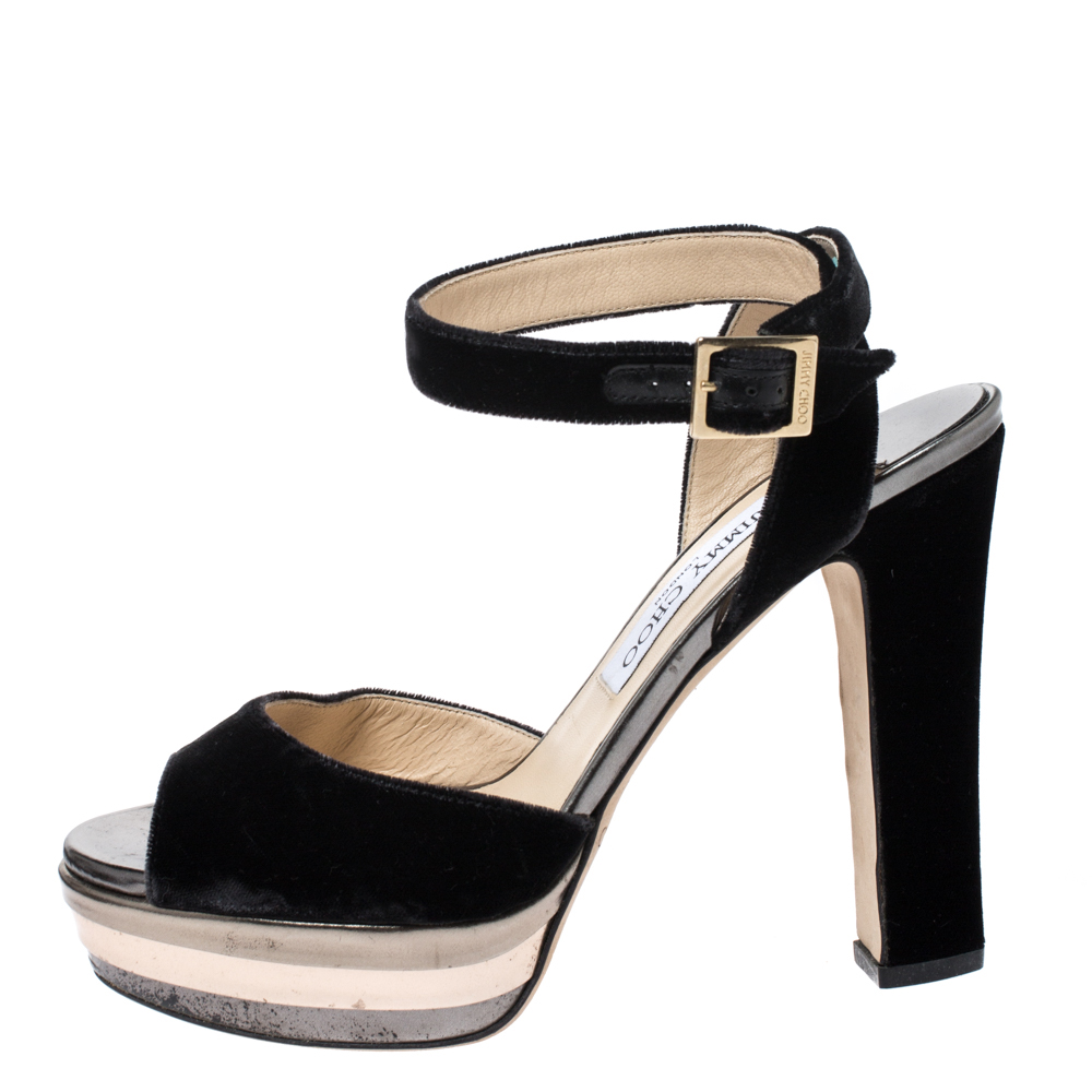 

Jimmy Choo Black Velvet Ankle Strap Platform Block Heel Sandals Size