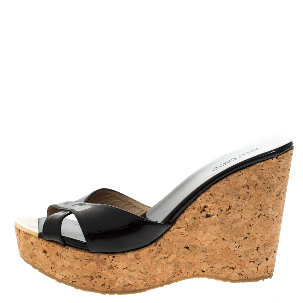 

Jimmy Choo Black Patent Leather Prima Cork Wedge Slides Size