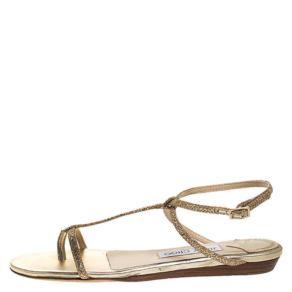 

Jimmy Choo Gold Glitter Fabric Fiona T Strap Flat Sandals Size