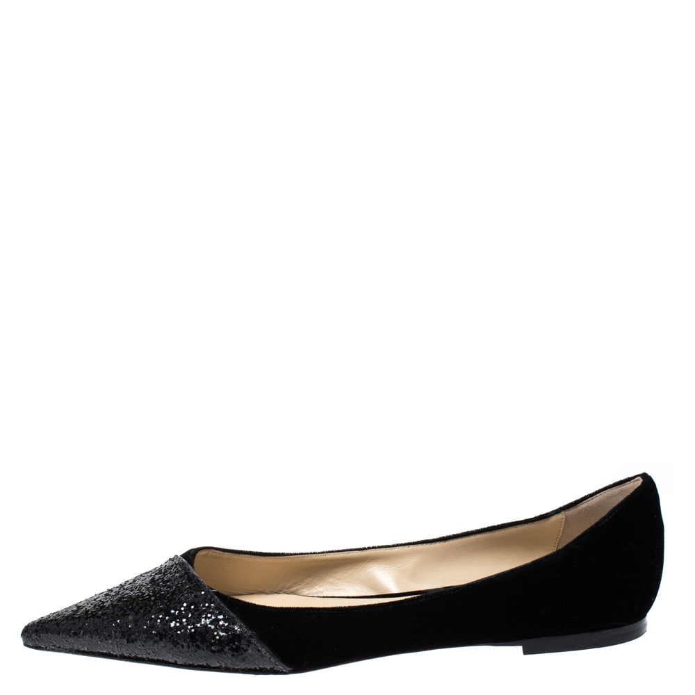 

Jimmy Choo Black Glitter Fabric And Velvet Love Pointed Toe Flats Size