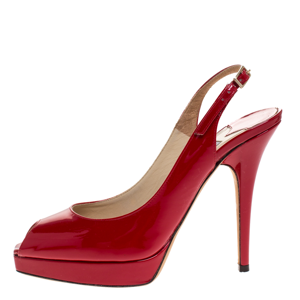 Jimmy Choo Red Patent Leather Clue Peep Toe Slingback Sandals Size