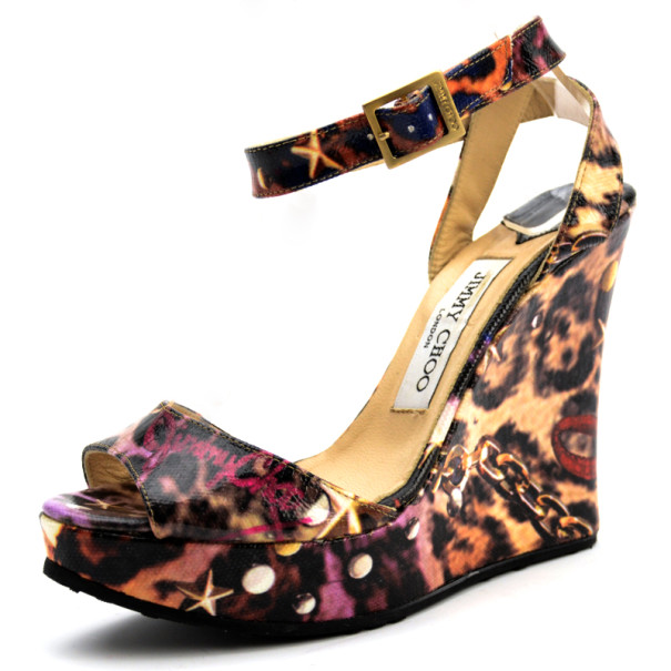 Jimmy Choo Leopard, Chain &amp; Star Print Ankle Strap Wedges Size 37