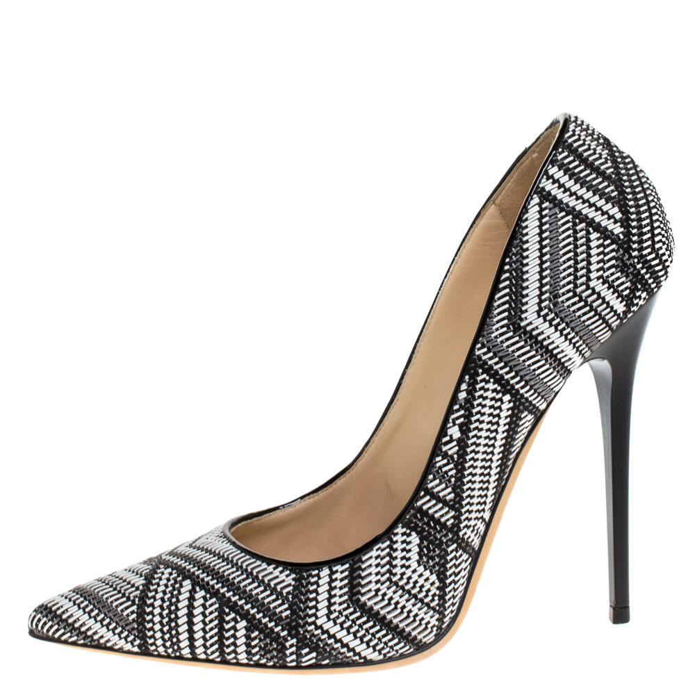 

Jimmy Choo Black/White Geometric Print Woven Fabric Abel Pumps Size