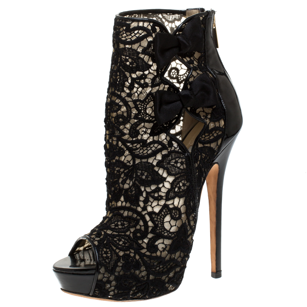 Pre Owned Jimmy Choo Black Lace And Patent Leather Bow Peep Toe Platform Boots Size 38