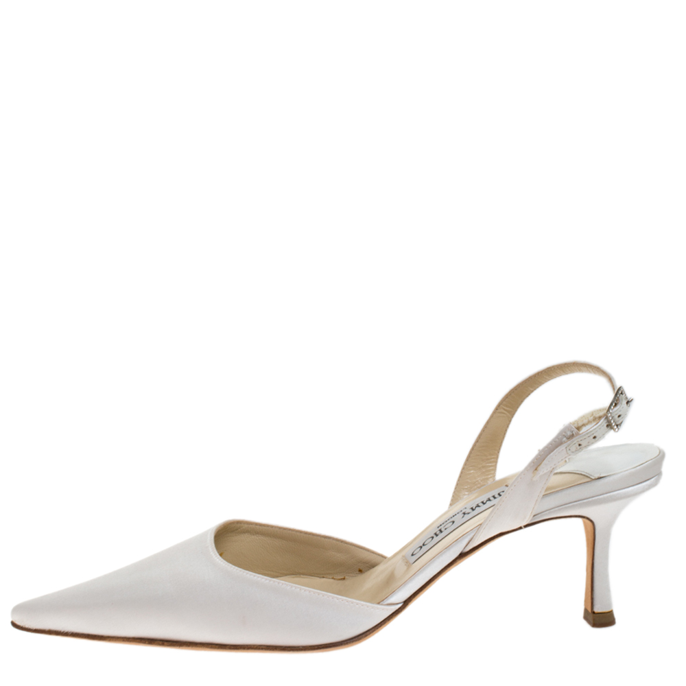 

Jimmy Choo White Satin Tilly Pointed Toe Slingback Sandals Size