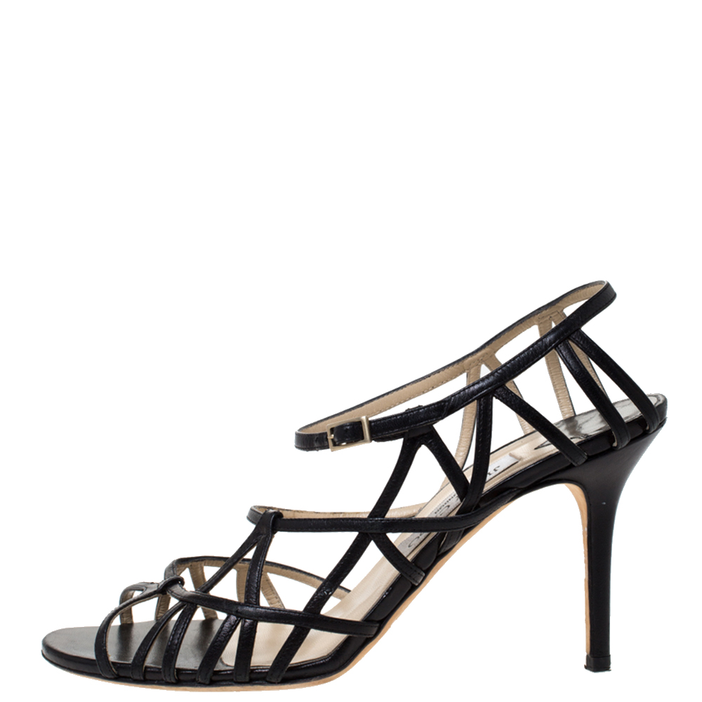 

Jimmy Choo Black Leather Strappy Ankle Strap Sandals Size