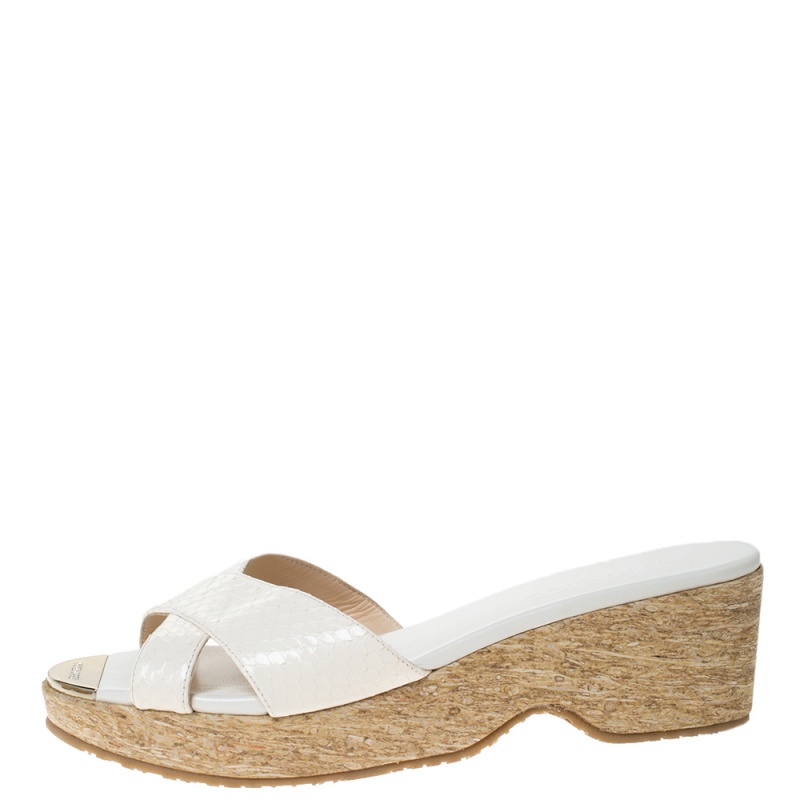 

Jimmy Choo White Snakeskin Panna Cork Slides Size