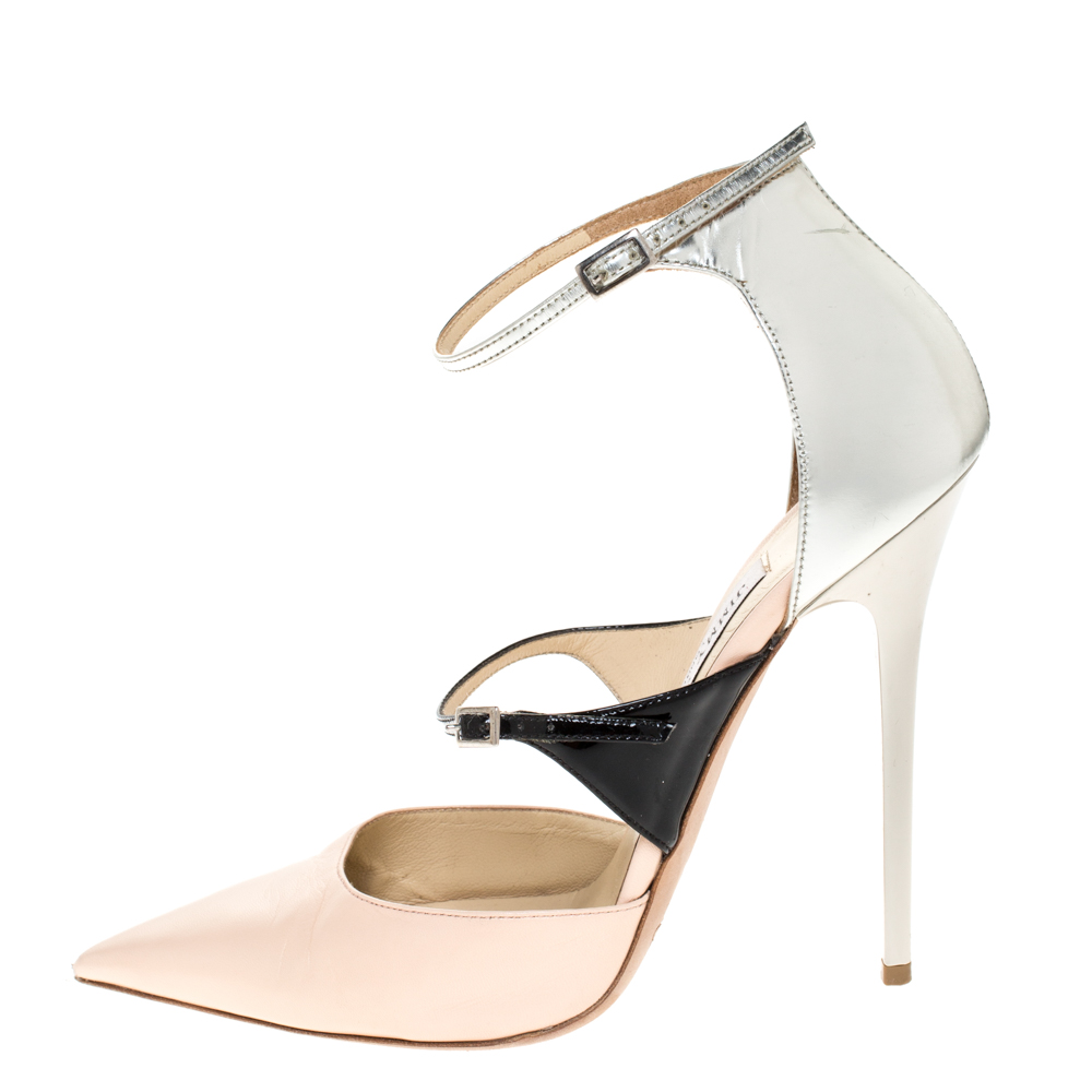 

Jimmy Choo Beige/Silver Leather Typhoon Strappy Pointed Toe Pumps Size