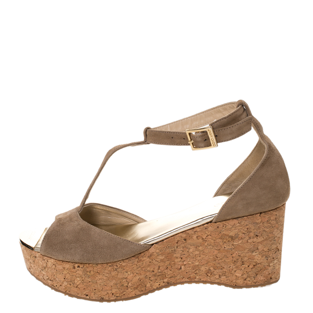 

Jimmy Choo Beige Suede Pela Cork Wedge Ankle Strap Platform Sandals Size