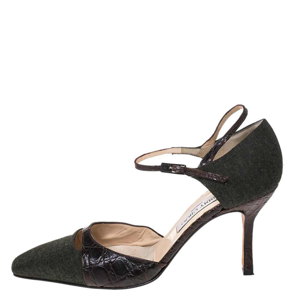 

Jimmy Choo Brown/Grey Wool And Croc Leather Ankle Strap Pumps Size