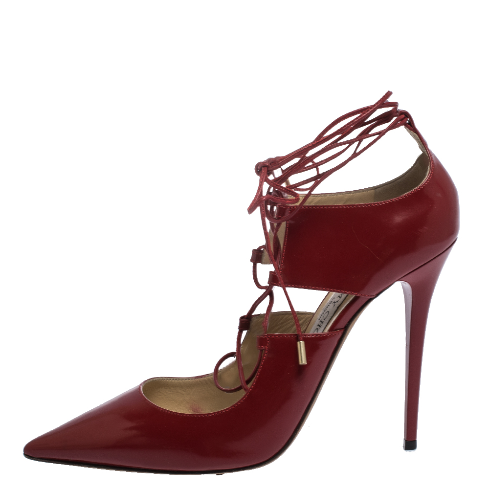 

Jimmy Choo Red Leather Hoops Ankle Wrap Pumps Size