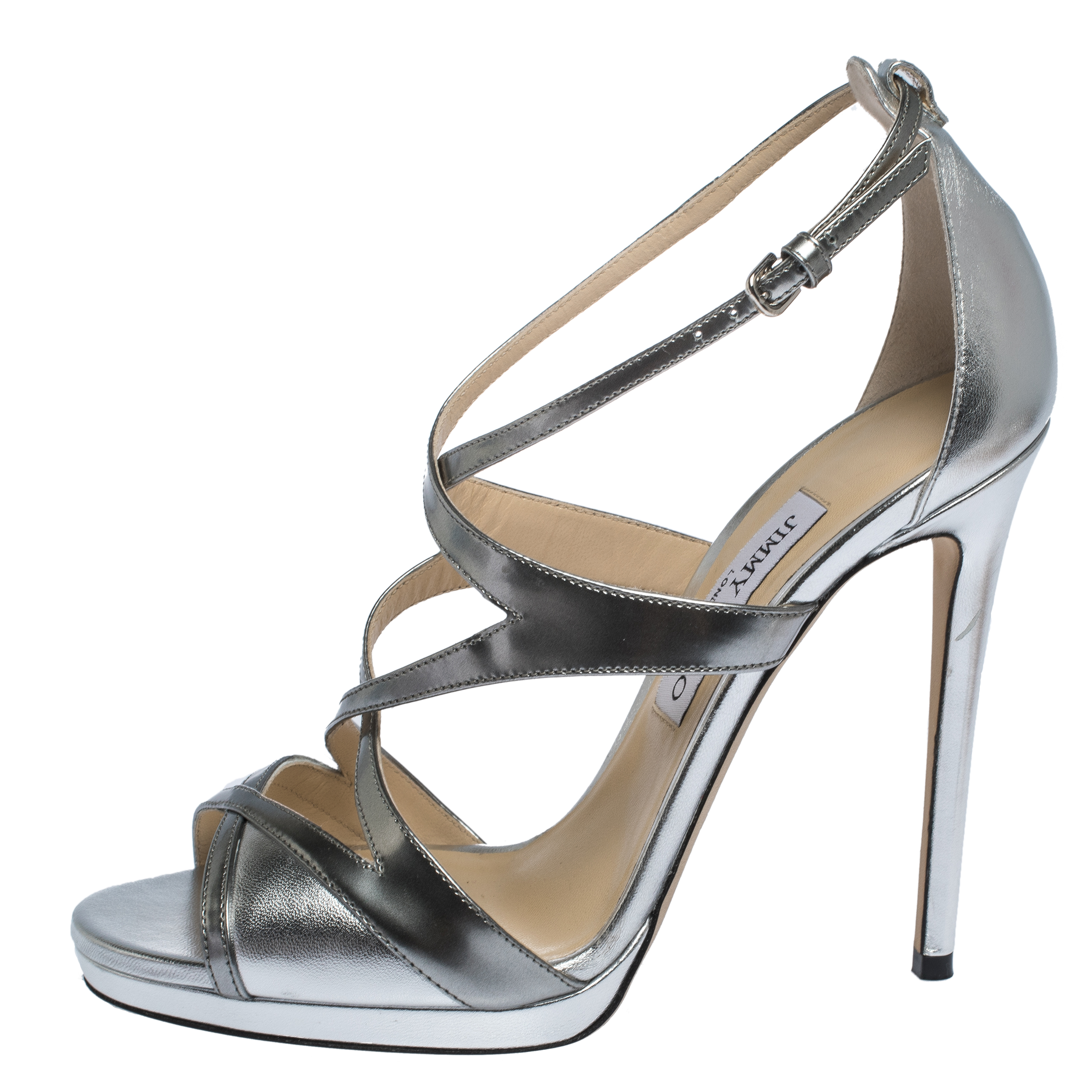 

Jimmy Choo Metallic Silver Leather Marianne Strappy Sandals Size