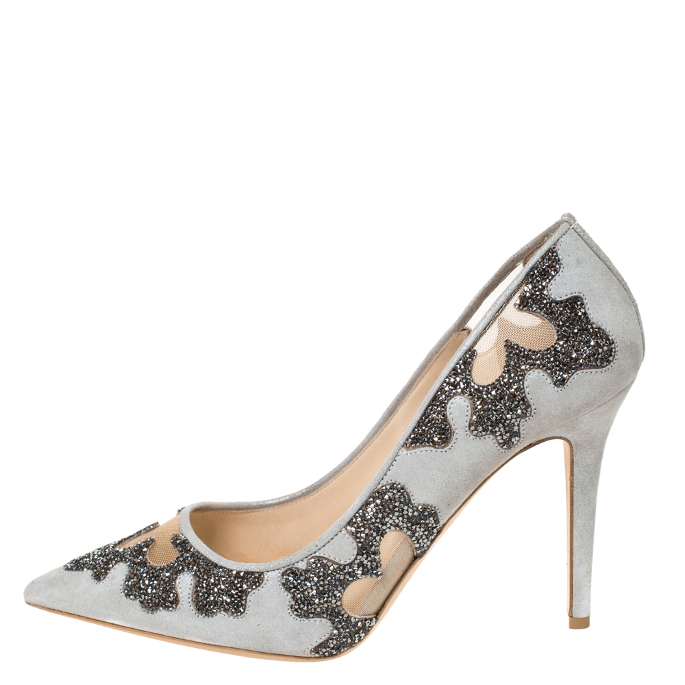 

Jimmy Choo Grey Crystal Embellished Suede and Mesh Karmel Pumps Size