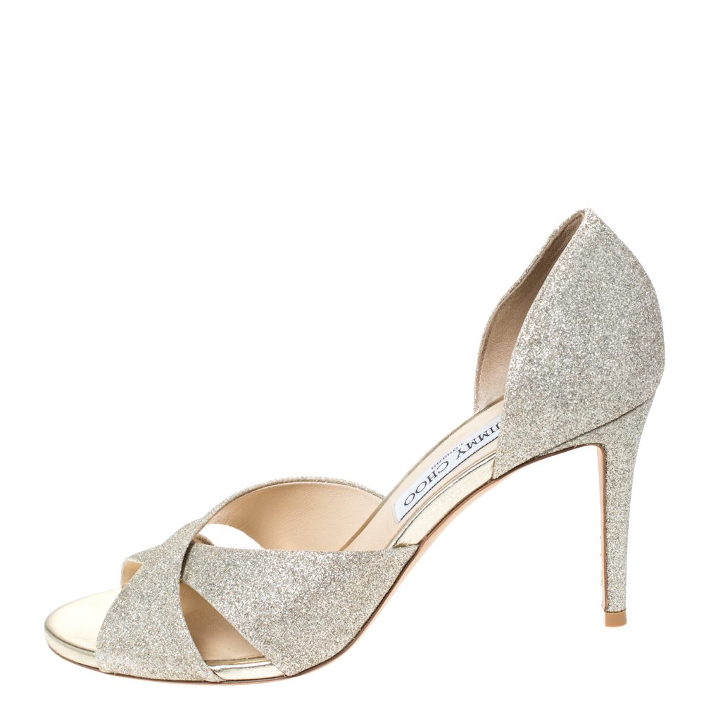 

Jimmy Choo Silver Glitter Fabric Lara Open Toe Sandals Size