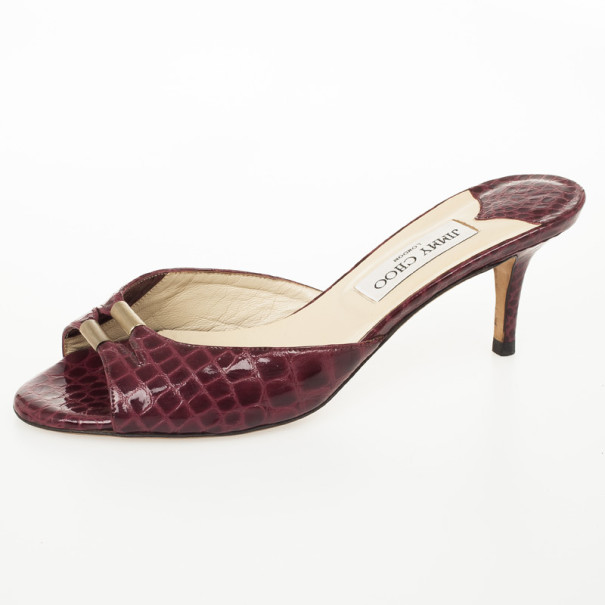 Pre Owned Jimmy Choo Maroon Croc Embossed Slides Size 39.5
