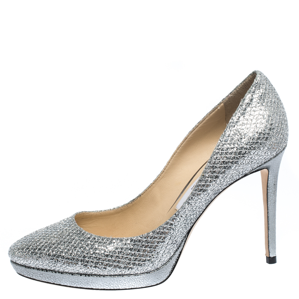 

Jimmy Choo Silver Glitter Fabric And Lizard Embossed Leather Hope Platform Pumps Size