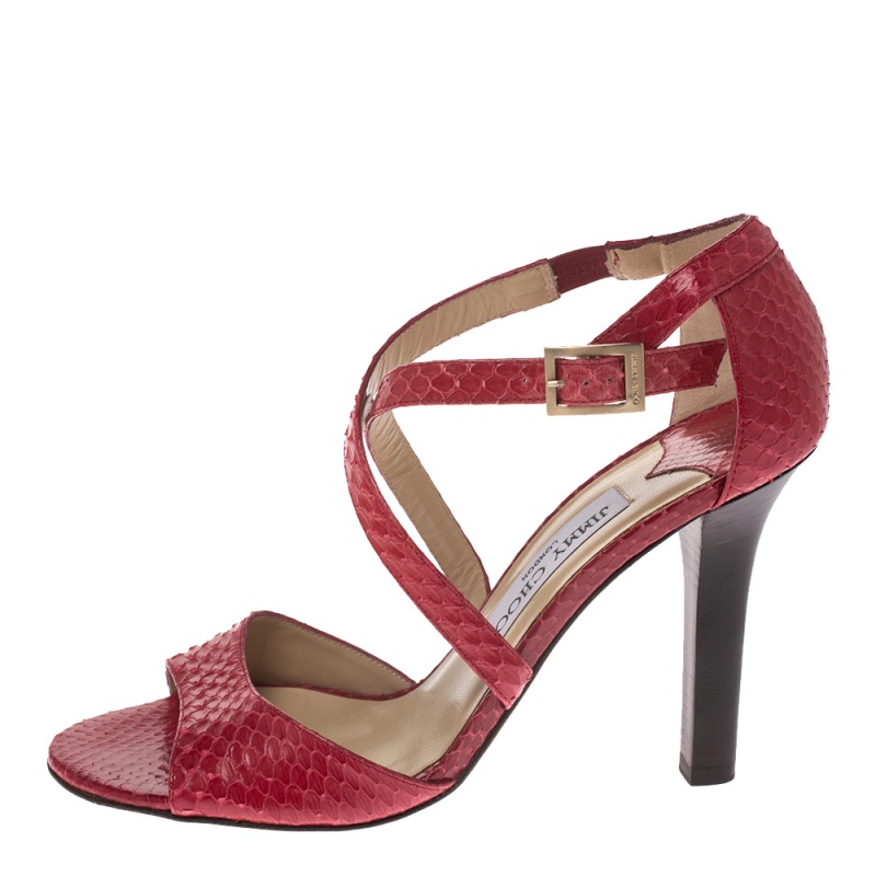 

Jimmy Choo Pink Python Cross Strap Block Heel Sandals Size