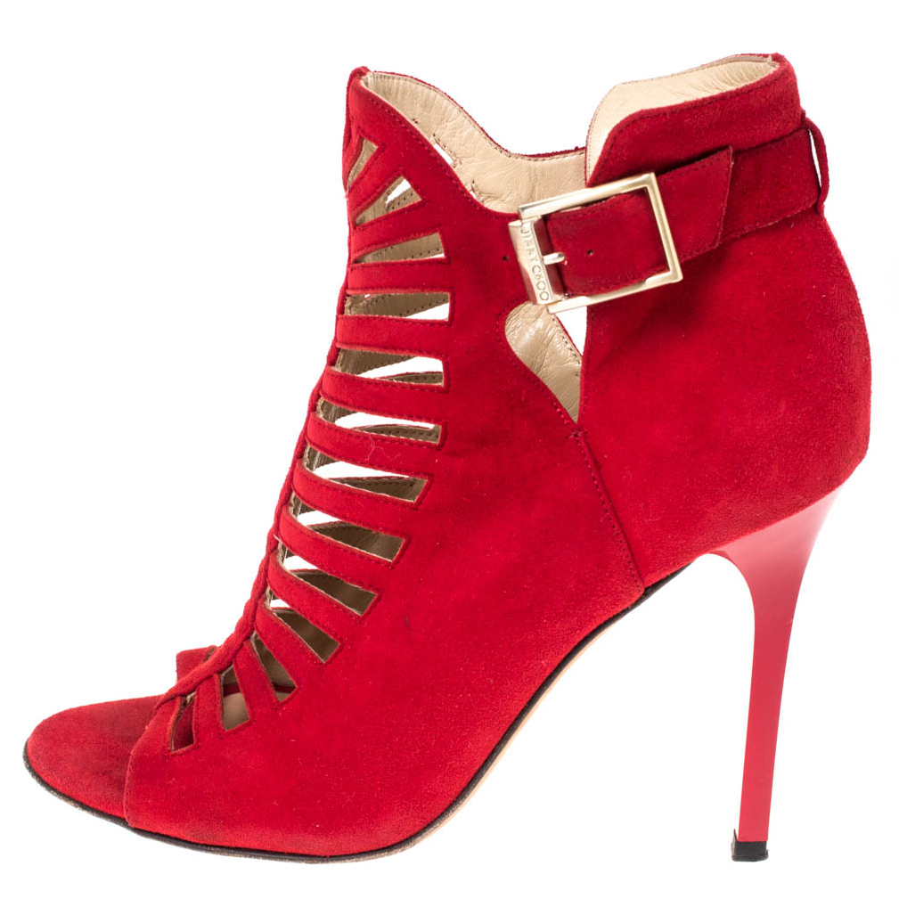 

Jimmy Choo Red Suede Cage Strappy Ankle Strap Sandals Size