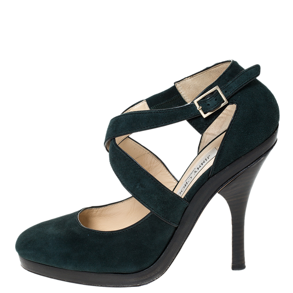 

Jimmy Choo Green Suede Leather Cross Strap Platform Sandals Size