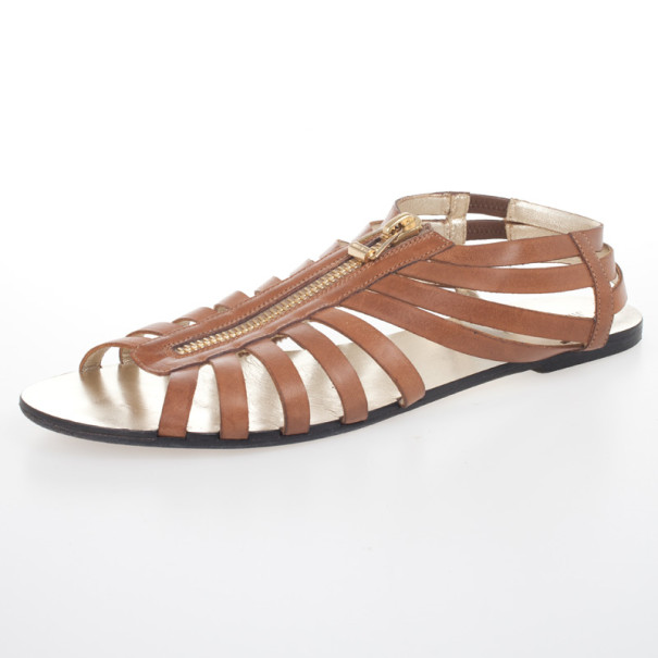مملوكة مسبقًا Jimmy Choo Brown Leather 'Wish' Zip Cage Flat Sandals Size 40.5