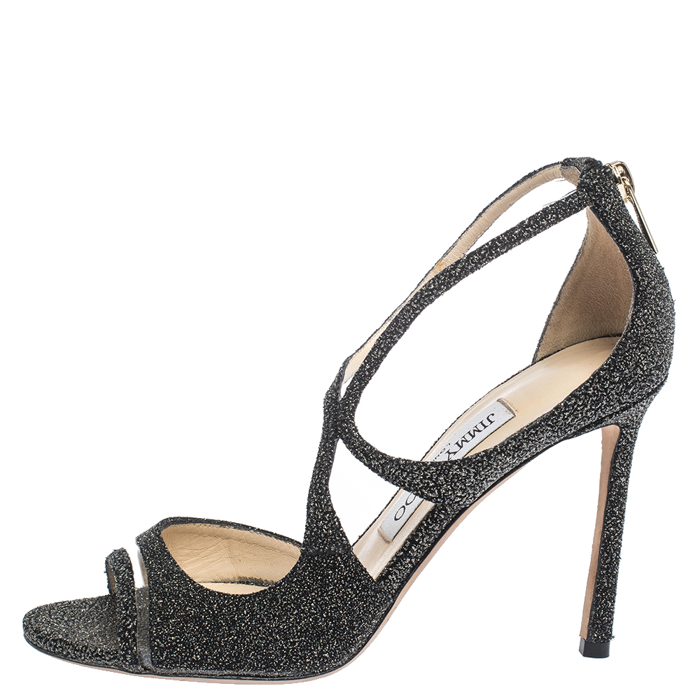 

Jimmy Choo Black Glitter Suede And PVC Strappy Sandals Size