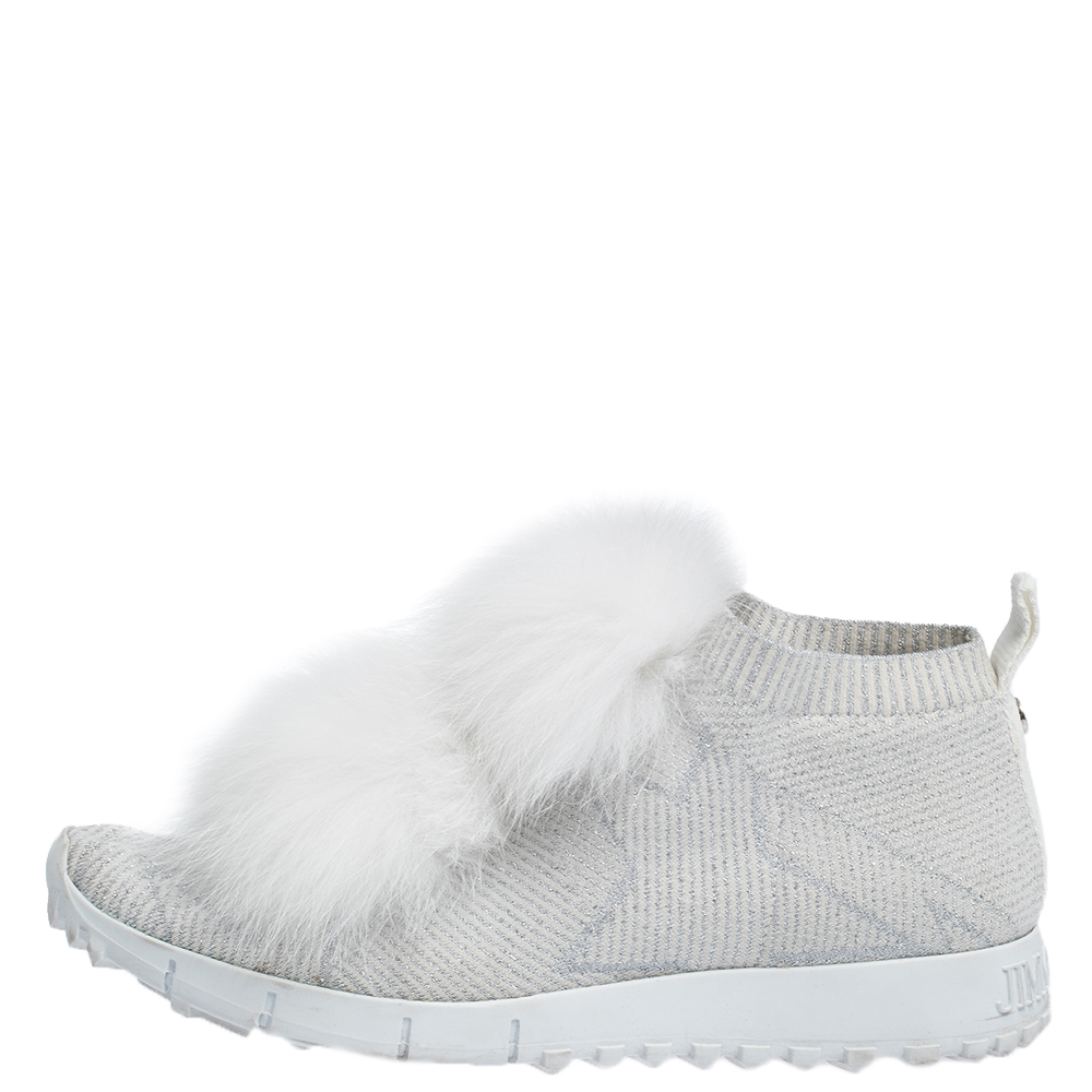

Jimmy Choo White/Silver Knit Fabric And Fur Pom Pom Norway Sneakers Size