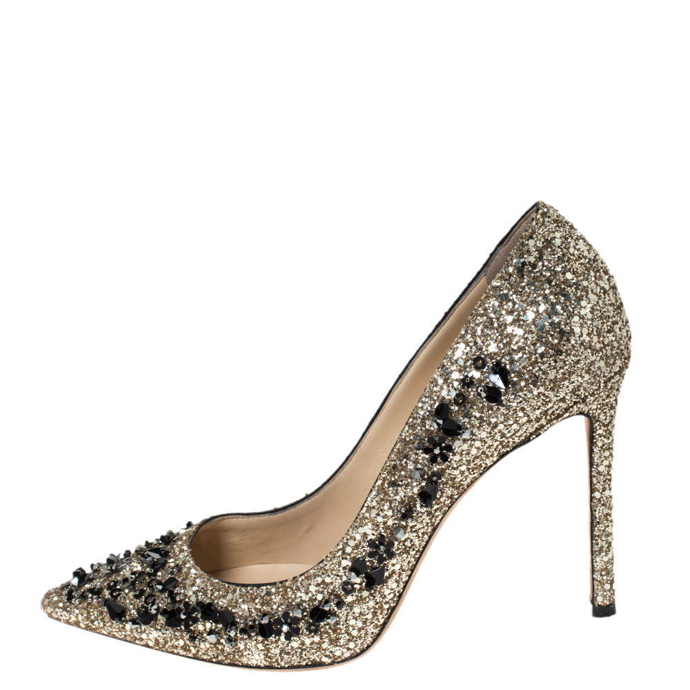 

Jimmy Choo Gold Glitter Romy 100 Embellished Pointed Toe Pumps Size