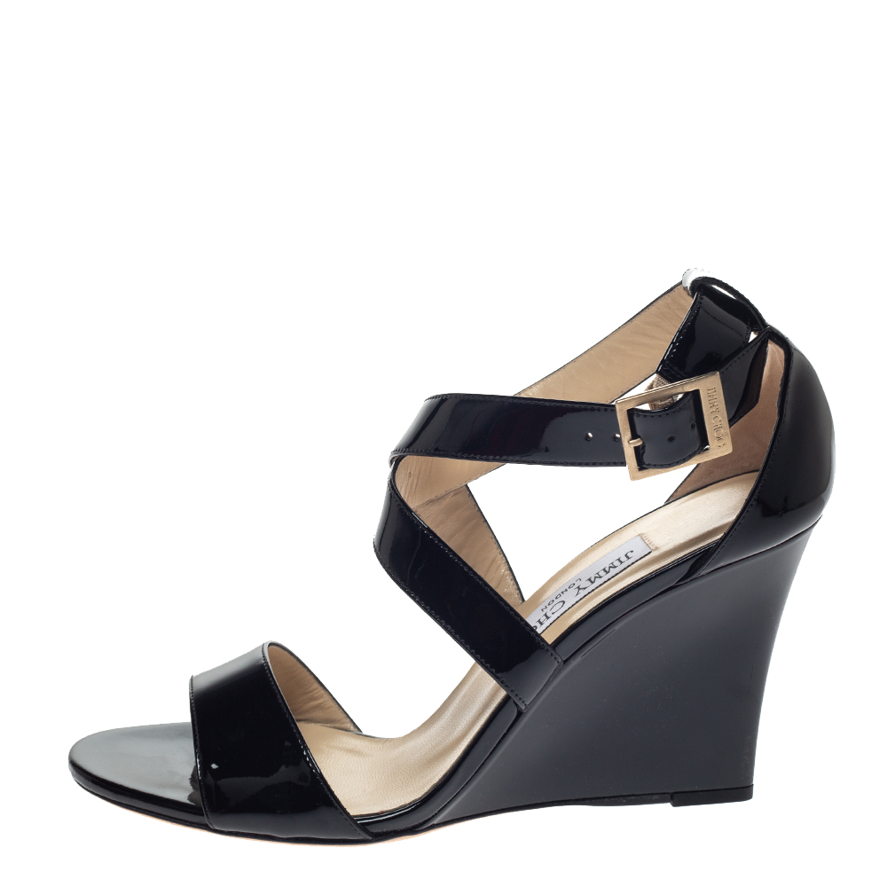 

Jimmy Choo Black Patent Leather Fearne Cross Strap Wedge Sandals Size