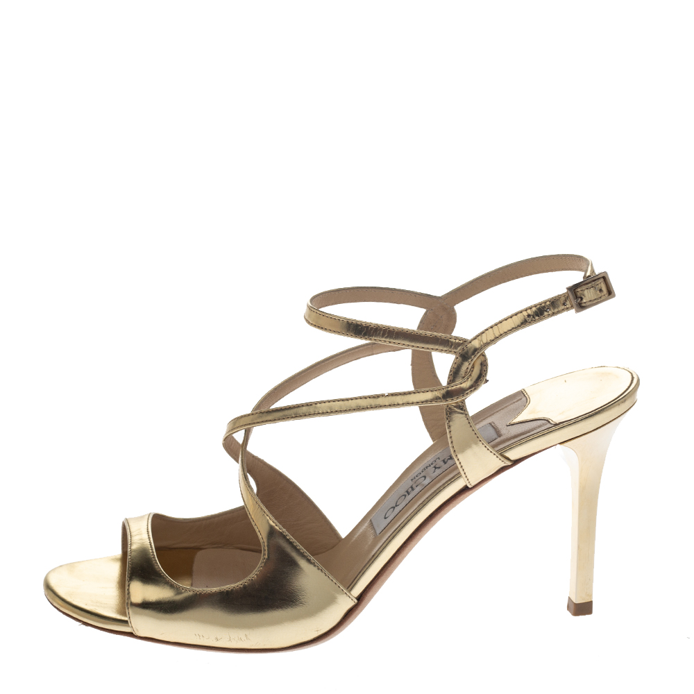 

Jimmy Choo Gold Mirror Leather Paxton Cross Strap Sandals Size